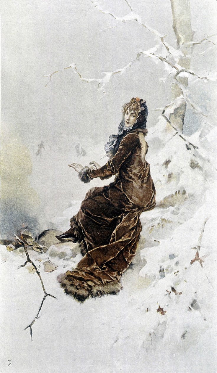 雪中的女人：冬天的寓言，由休伯特·戴斯绘制的日历，由 F.H. Kaemmerer 绘制 作者 弗雷德里克·亨德里克·凯默勒