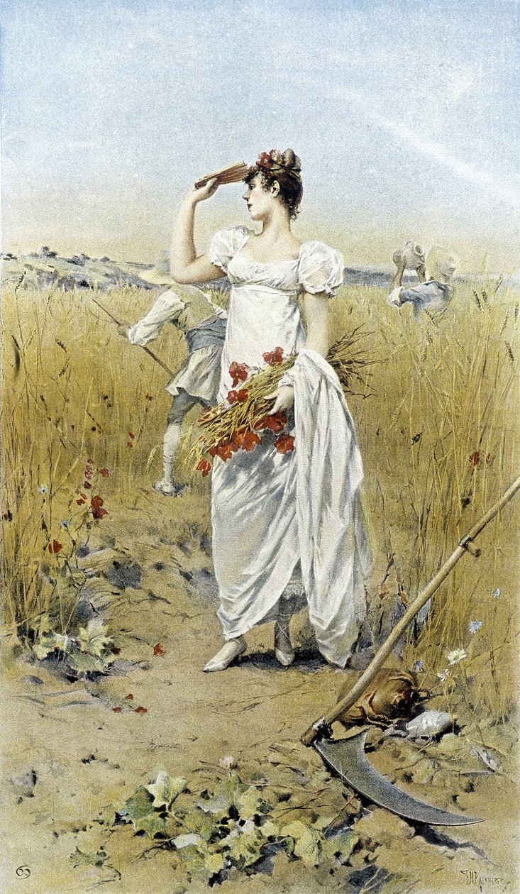 小麦和罂粟花的女人——夏末寓言，由休伯特·戴斯绘制的日历，由 F.H. Kaemmerer 绘制 作者 弗雷德里克·亨德里克·凯默勒