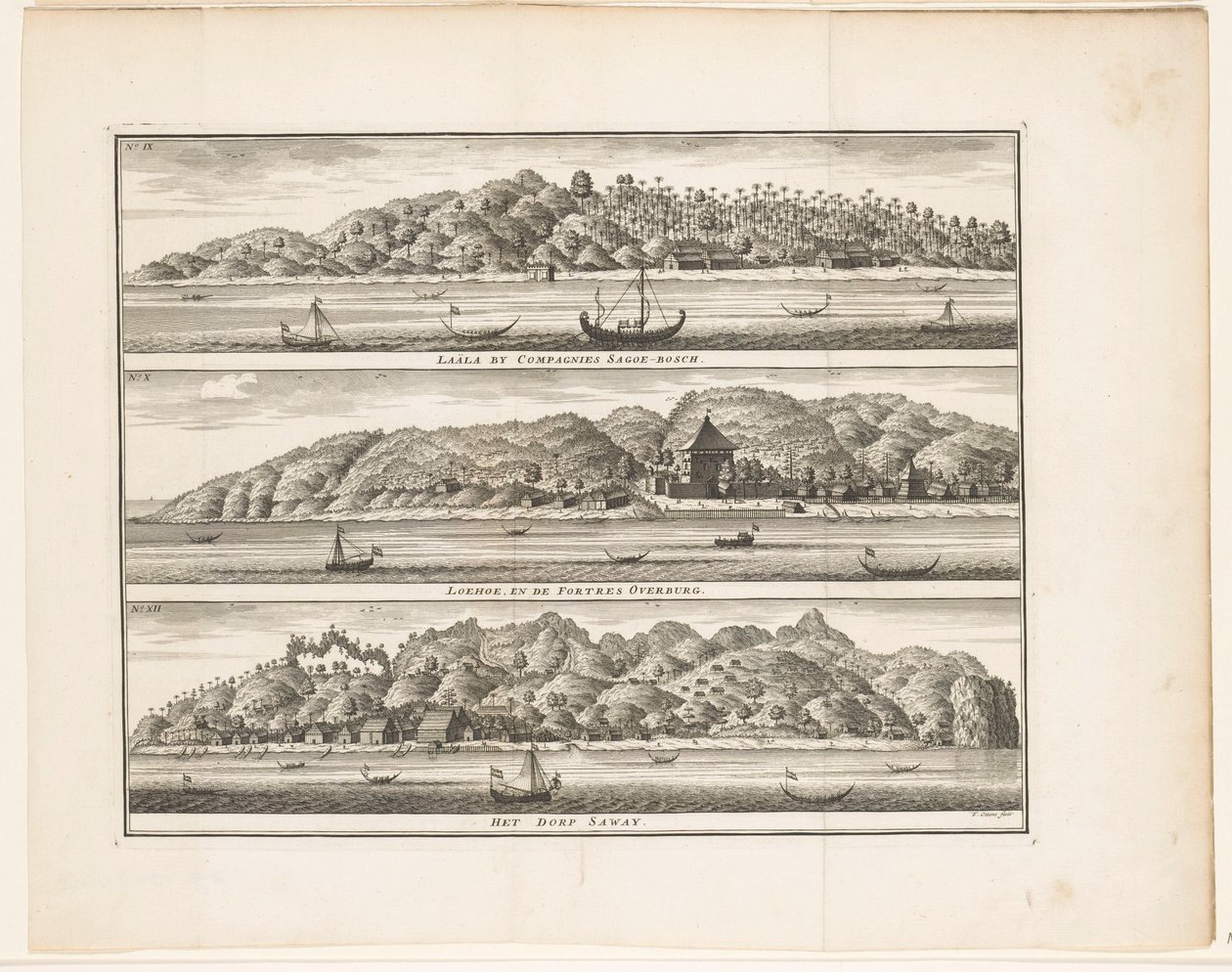 塞拉姆的各种 VOC 防御工事
Laäla by Compagnies Sagoe-bosch / Loehoe, and the Fortresses Overburg / The village of Saway（标题见实物） 作者 弗雷德里克·奥滕斯