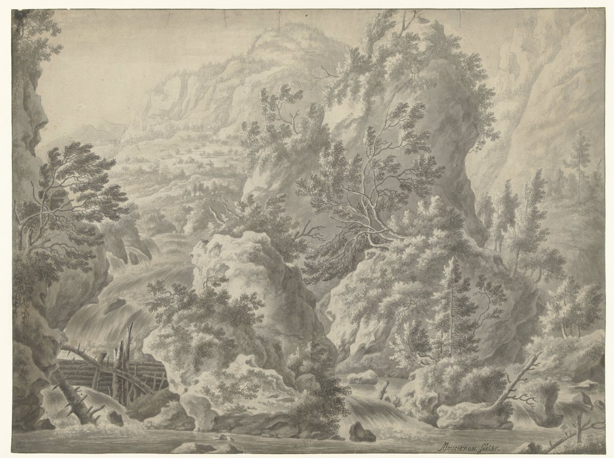 与瀑布的山风景 作者 弗雷德里克·德穆雪龙