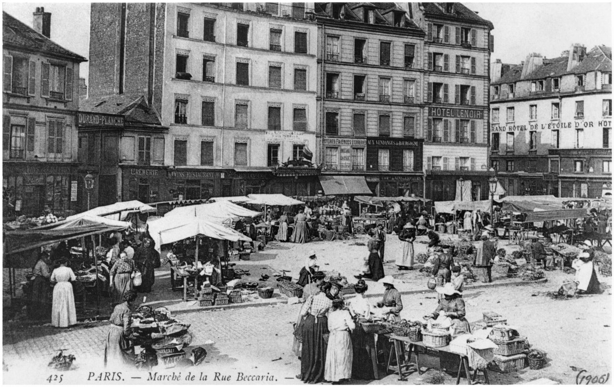 明信片描绘Place d&39;Aligre和Marche Lenoir，Rue Beccaria，巴黎，1906年 作者 法国摄影师