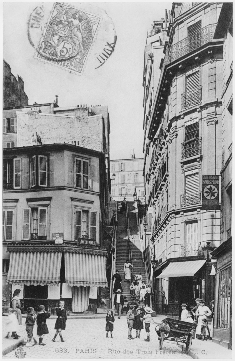描绘Rue des Trois Freres的明信片在巴黎，c.1900 作者 法国摄影师