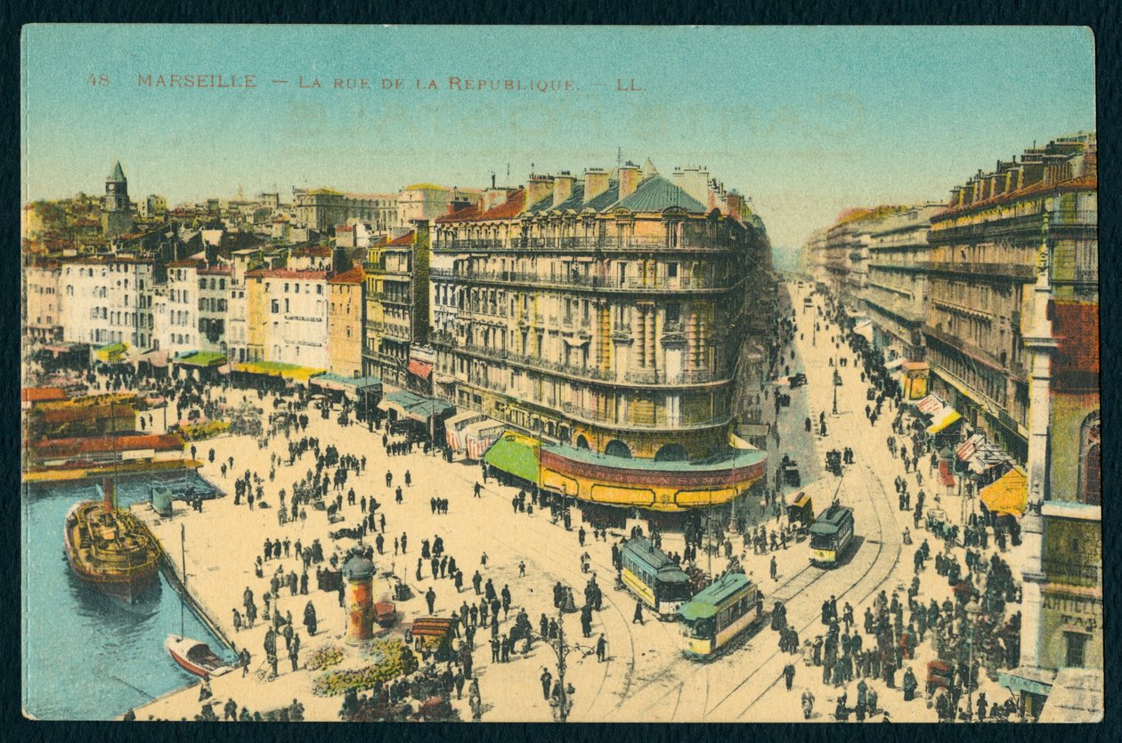 明信片描绘法国马赛Rue de la Republique，c.1920（彩色bw照片） 作者 法国摄影师