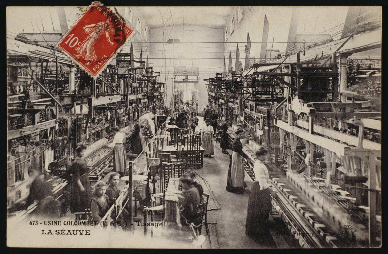 明信片描绘了编织工厂Colcombet在La Seauve，Haute-Loire，c.1900 作者 法国摄影师