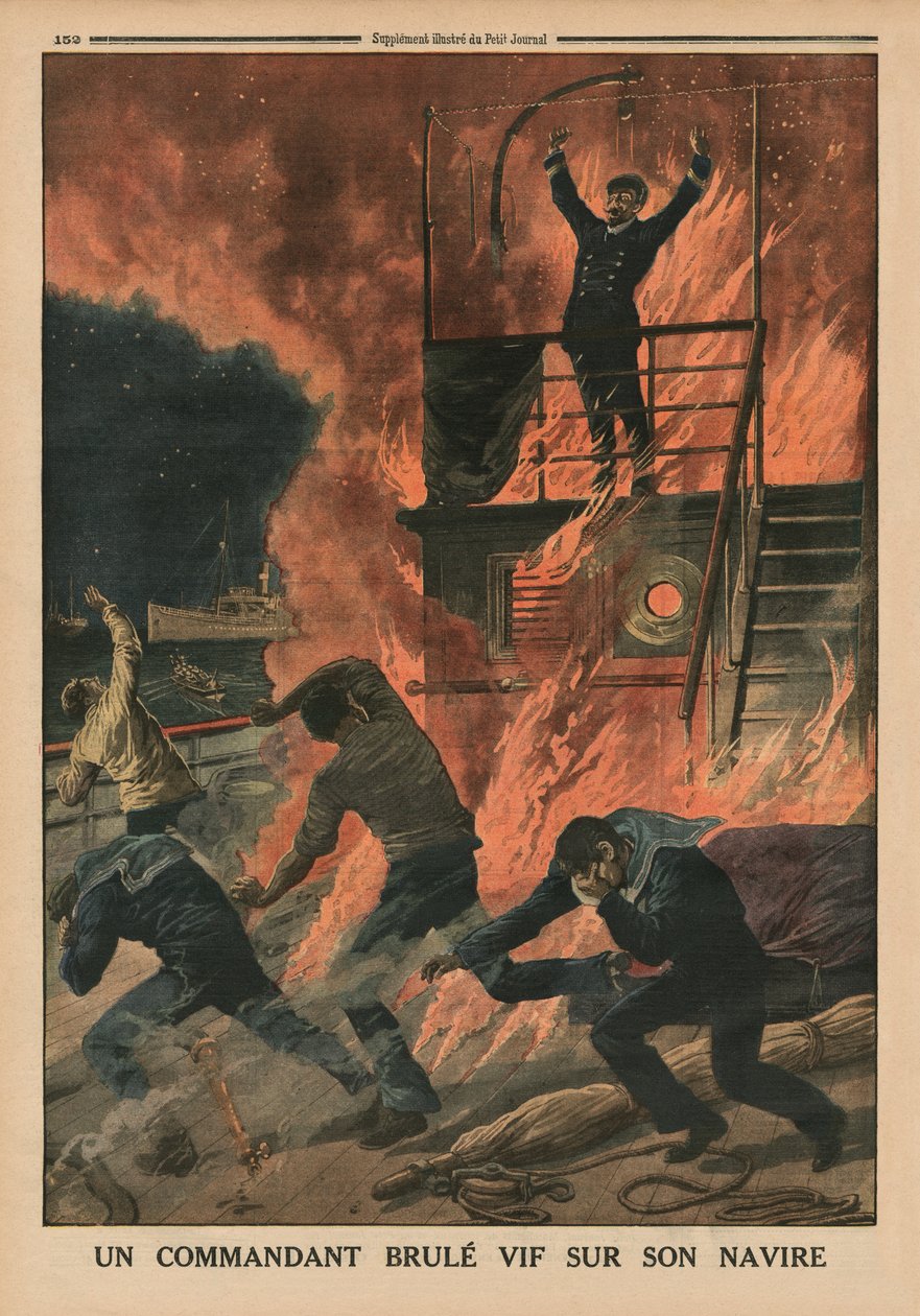 一名船长在他的船上被活活烧死，“Le Petit Journal”的封底插图，补充说明，1914年5月10日 作者 法语学校