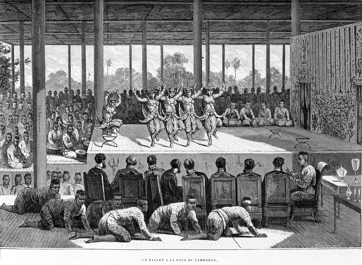 柬埔寨的舞蹈表演，弗朗西斯·卡尼尔的“Voyage d&39;explore en Indochine”插图，1873年出版 作者 法语学校
