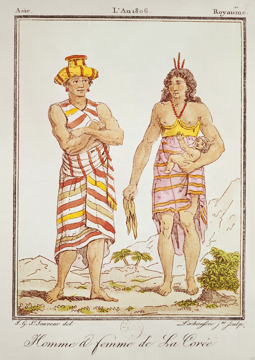 一个韩国男人和女人，来自&39;Costume d&39;apres Saint-Sauveur&39;（彩色雕刻） 作者 法语学校