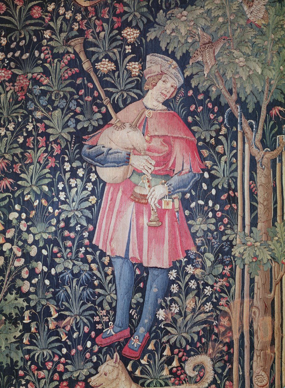 一个男人吹风笛，细节来自&39;La Danse&39;，&39;La Noble Pastorale&39;的一部分，c.1500（羊毛和丝绸挂毯） 作者 法语学校