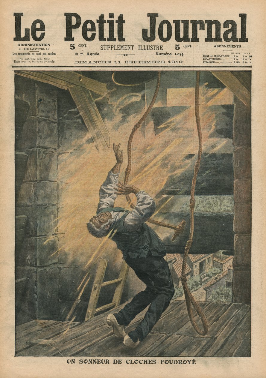 1910年9月11日，一个钟声响起的闪电击中，来自&39;Le Petit Journal&39;的插图，补充说明 作者 法语学校
