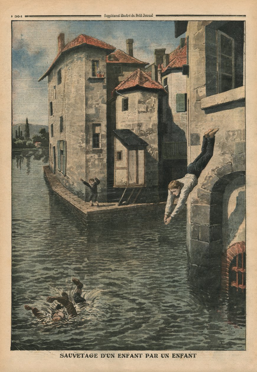 一个孩子救出另一个孩子，插图来自&39;Le Petit Journal&39;，补充说明，1910年9月18日 作者 法语学校