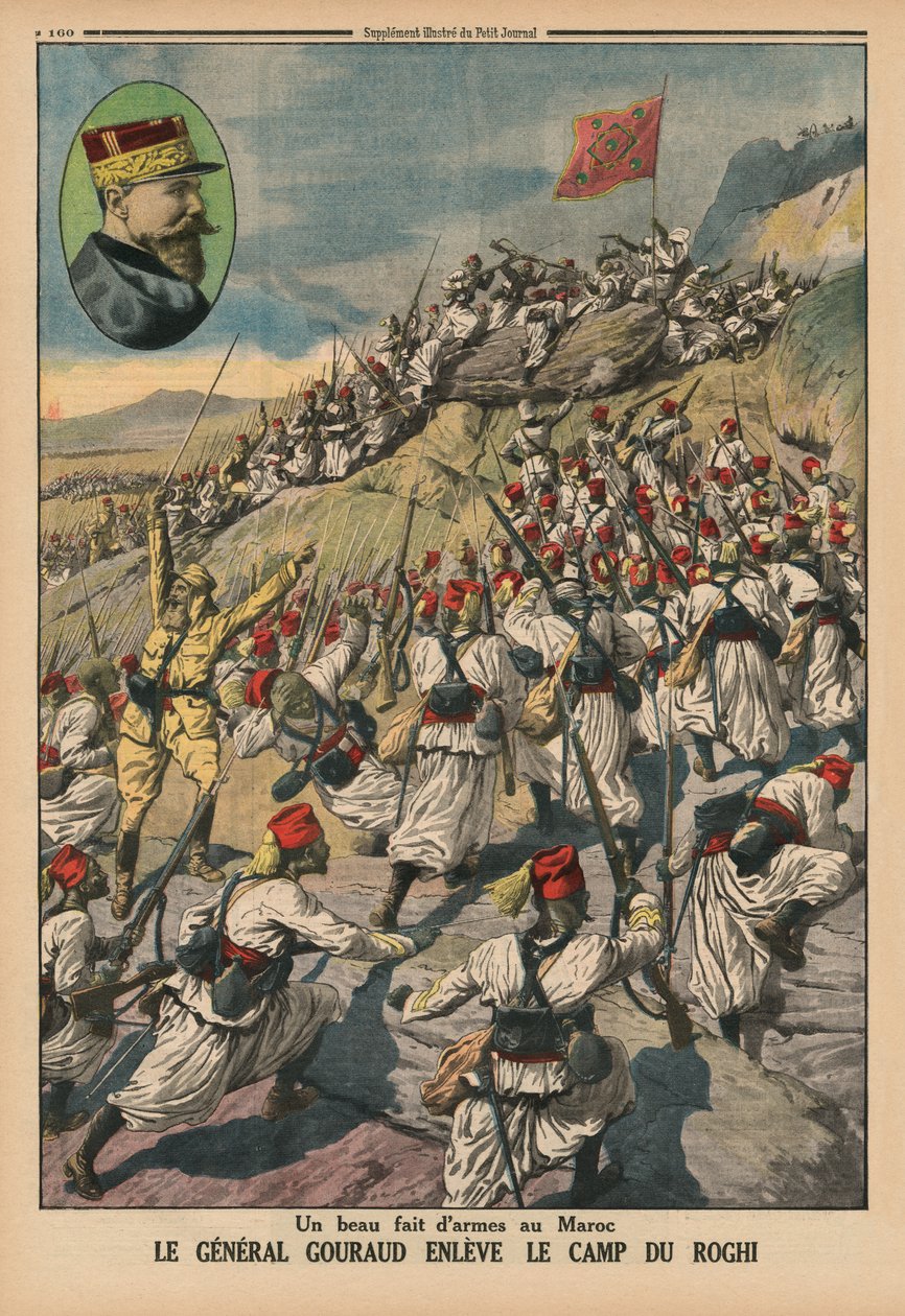 摩洛哥的一个精彩的武器，Gouraud将军占领Roghi营地，封面插图来自&39;Le Petit Journal&39;，补充illustre，1914年5月26日 作者 法语学校