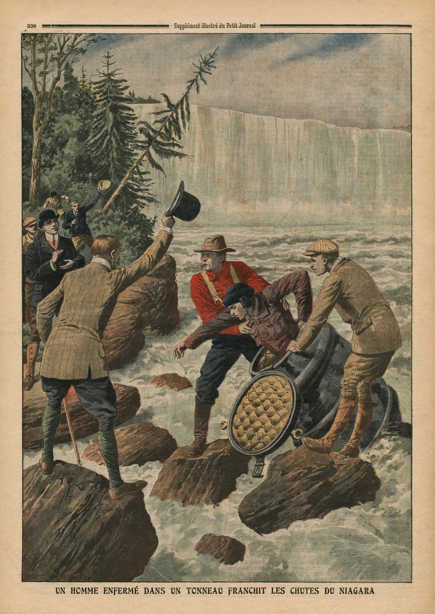 穿越尼亚加拉大瀑布的一个男人，来自&39;Le Petit Journal&39;的插图，补充illustre，1910年10月9日 作者 法语学校