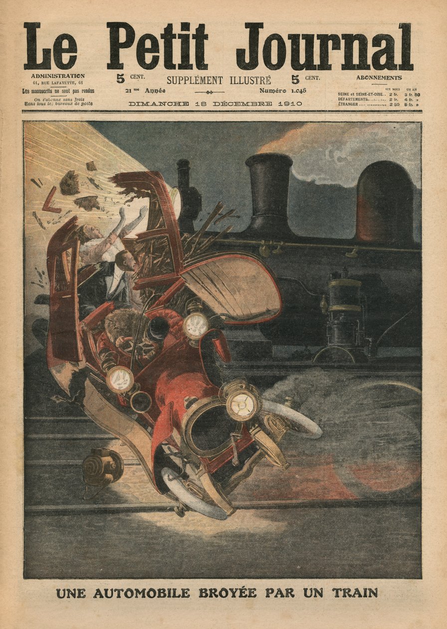 一辆汽车被火车击碎，插图来自&39;Le Petit Journal&39;，补充illustre，1910年12月18日 作者 法语学校