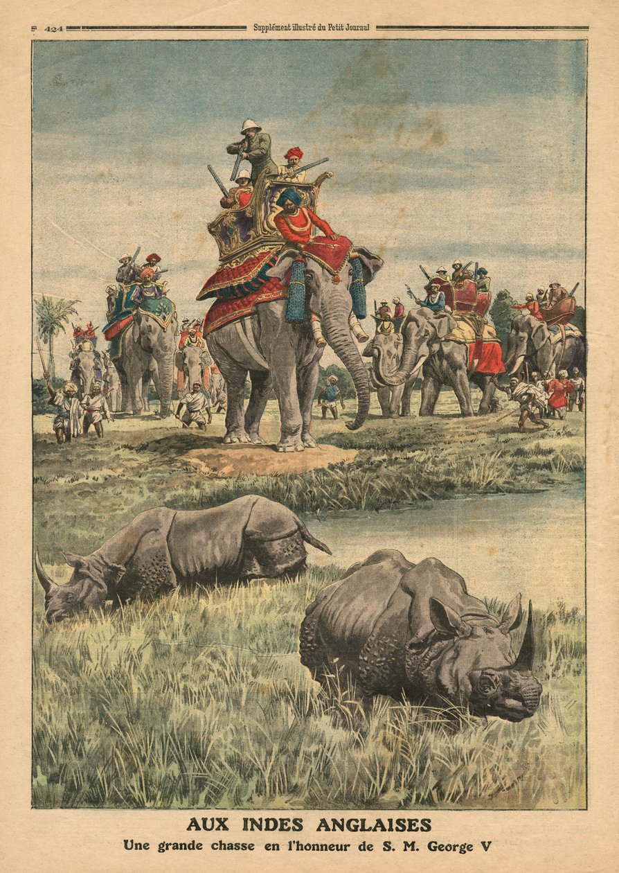 为纪念国王乔治五世（1865-1936）犀牛狩猎，来自&39;Le Petit Journal&39;的插图，补充说明，1911年12月31日 作者 法语学校