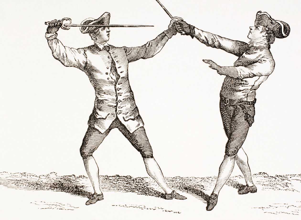 从1875年出版的“XVIII Siecle Institutions，Usages et Costumes”中抓住对手剑或剑手的剑客 作者 法语学校