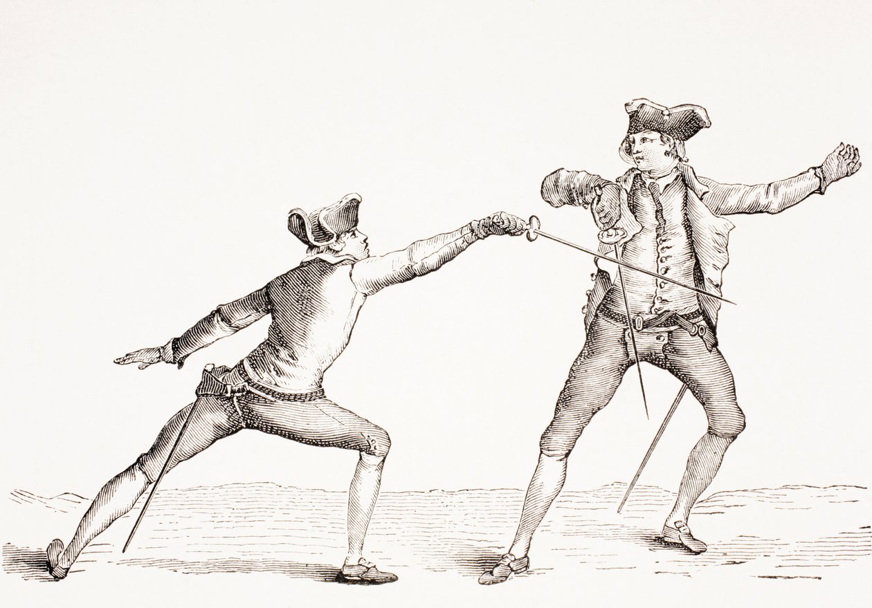 剑客从1875年出版的“XVIII Siecle Institutions，Usages et Costumes”中抨击对手的推力 作者 法语学校