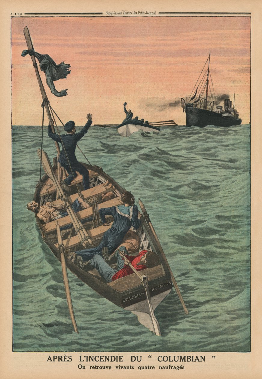 在哥伦比亚人的大火之后，四名遭遇海难的人被发现活着，来自&39;Le Petit Journal&39;的封底插图，补充说明，1914年5月31日 作者 法语学校