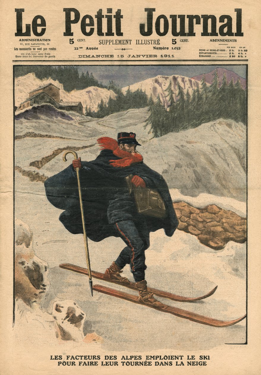 高山邮差在雪中轮滑使用滑雪，插图来自&39;Le Petit Journal&39;，补充说明，1911年1月15日 作者 法语学校