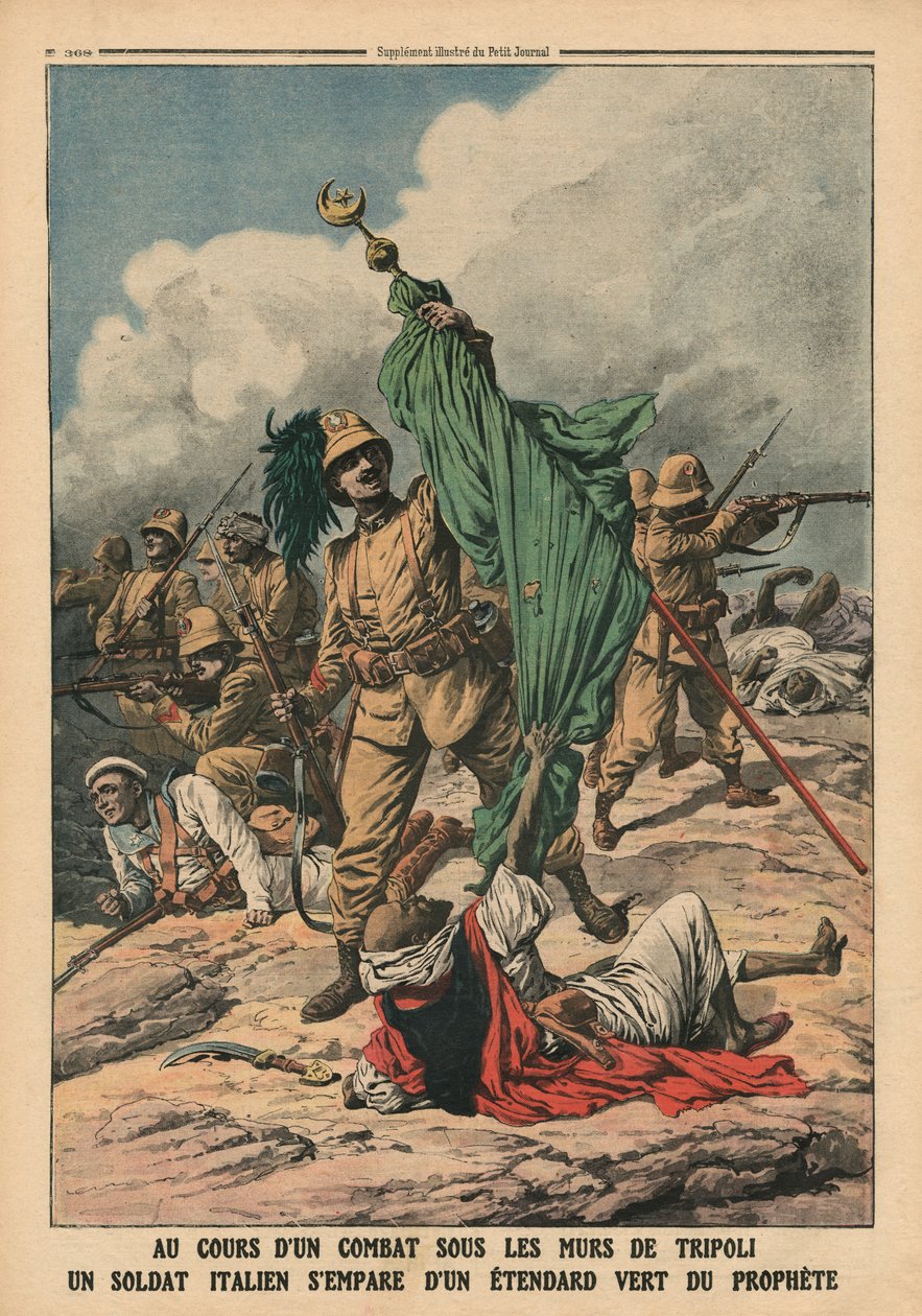 一名意大利士兵抓住先知穆罕默德的绿色标准，插图来自&39;Le Petit Journal&39;，补充说明，1911年11月12日 作者 法语学校