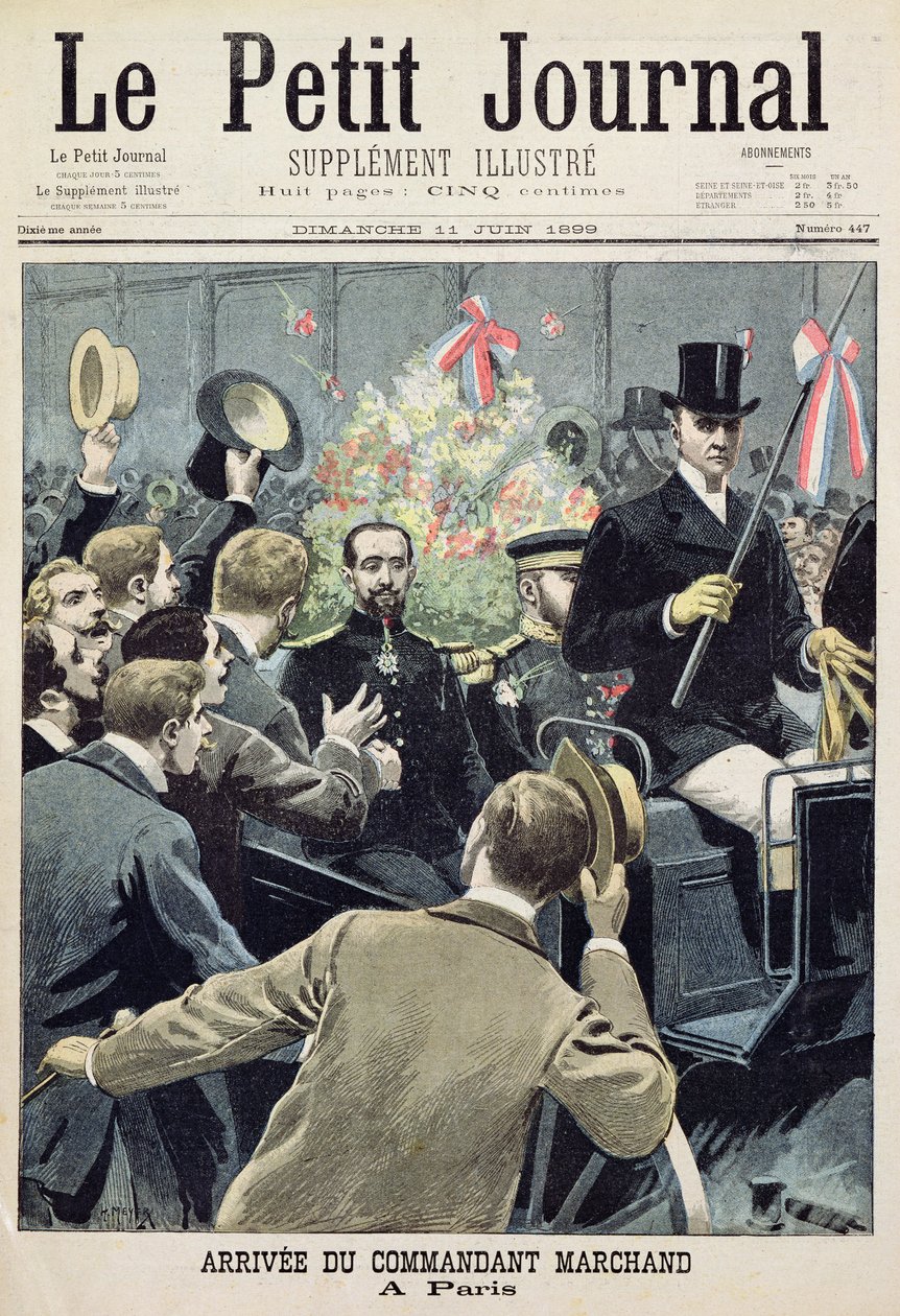 巴黎指挥官Marchand的到来，&39;Le Petit Journal&39;的标题页，1899年6月11日（彩色雕刻） 作者 法语学校