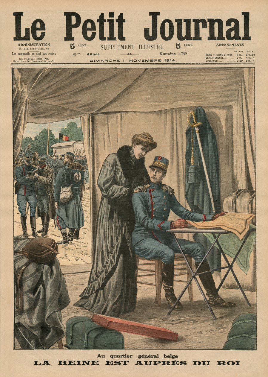 在比利时总部，女王留在国王，封面插图来自&39;Le Petit Journal&39;，补充说明，1914年11月1日 作者 法语学校