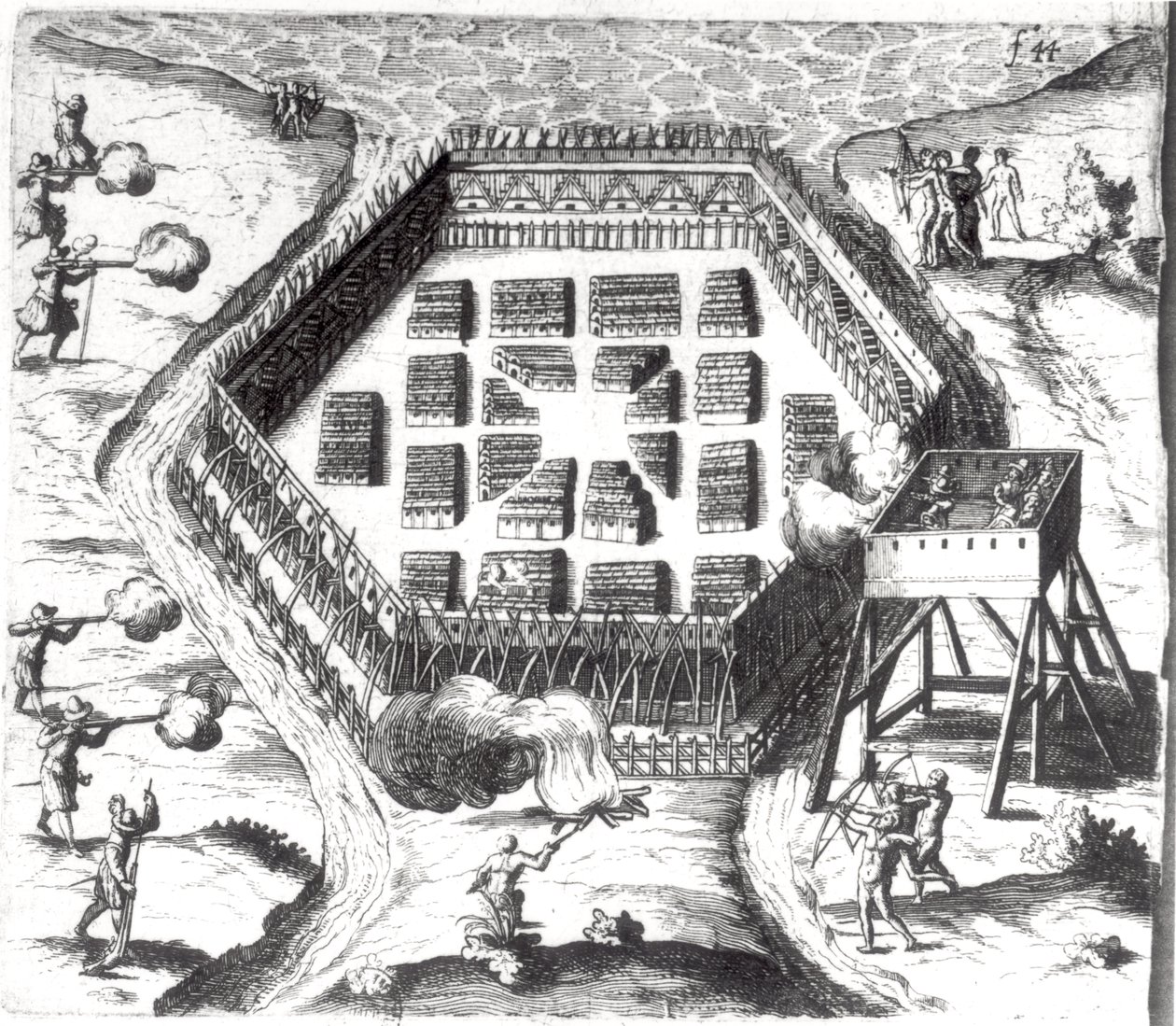 塞缪尔·德·尚普兰（Samuel de Champlain）（1567-1635）从“法国西部的航行，称为加拿大”袭击易洛魁村庄 作者 法语学校