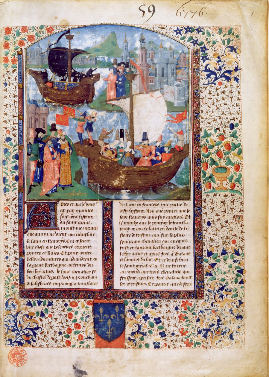 BNMs。 Fr 103 f.1 Tristan和Iseult离开爱尔兰;特里斯坦喝了药水;特里斯坦和伊瑟尔的遗体被带回爱尔兰，由卢斯德加斯翻译 作者 法语学校