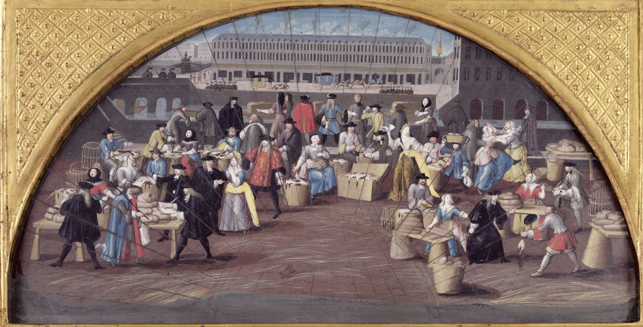Quai des Grands Augustins的面包和家禽市场，设计为粉丝，c.1670 作者 法语学校