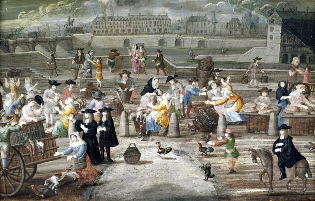 Quai des Grands Augustins的面包和家禽市场，为粉丝绘制（笔墨和纸上的wc） 作者 法语学校