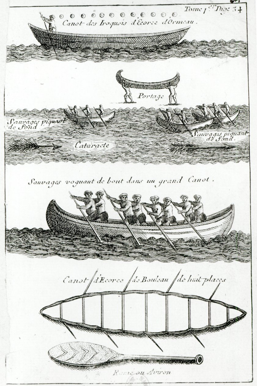 Iroquois的独木舟，来自“Lahontan男爵和美国野生的对话”，于1704年在阿姆斯特丹出版 作者 法语学校
