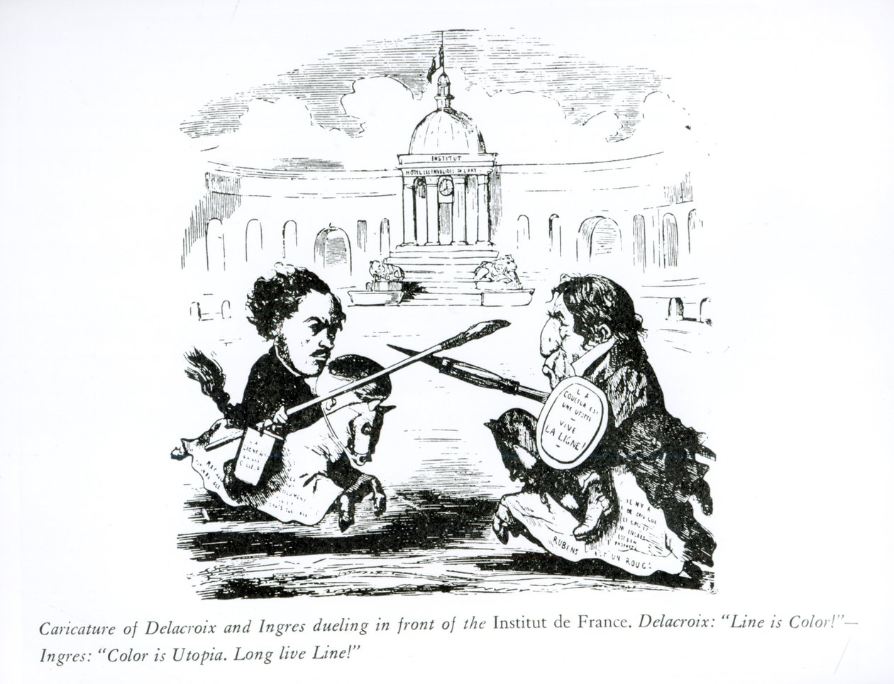 Delacroix和Ingres的漫画在法国研究所前面决斗，c.1828 作者 法语学校
