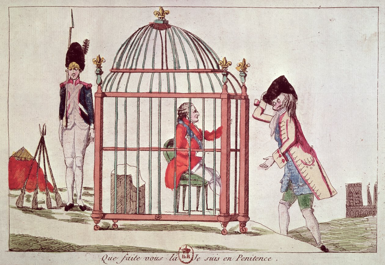 路易十六（1754-93）在1791年在Varennes被捕后陷入笼子里的漫画 作者 法语学校