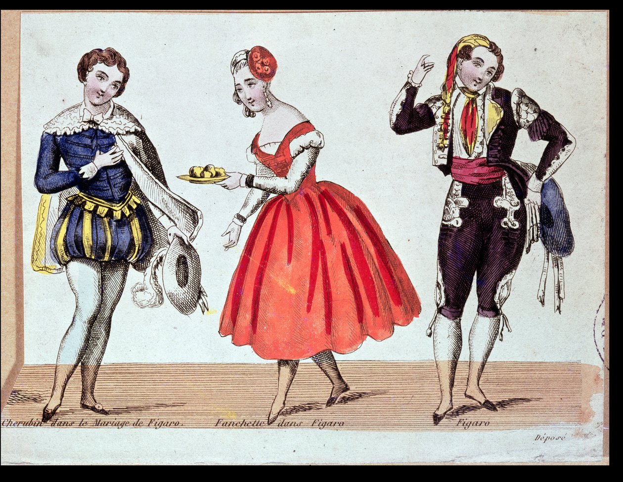Cherubino，Fanchette和Figaro，来自Pierre Augustin Caron de Beaumarchais（1732-99）1784年的“费加罗的婚礼”中的场景 作者 法语学校