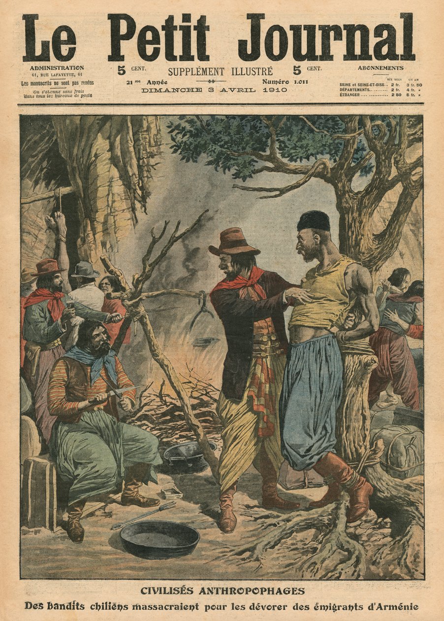 智利土匪吞噬亚美尼亚移民，插图来自&39;Le Petit Journal&39;，补充illustre，1910年4月3日 作者 法语学校