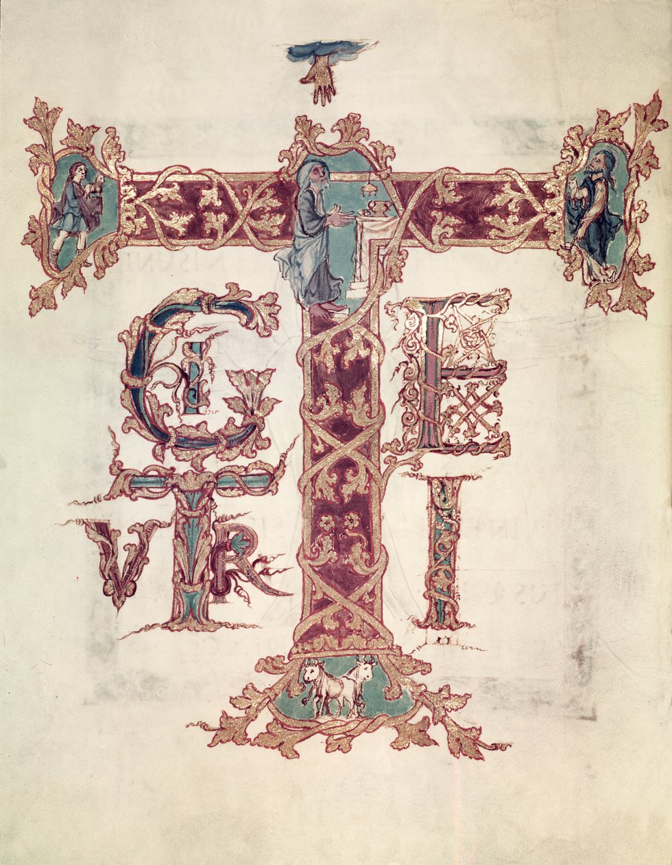 Col Lat 9428 f.15v初始&39;T&39;;基督的升天，来自&39;Drogo Sacramentary&39;，Carolingian 作者 法语学校