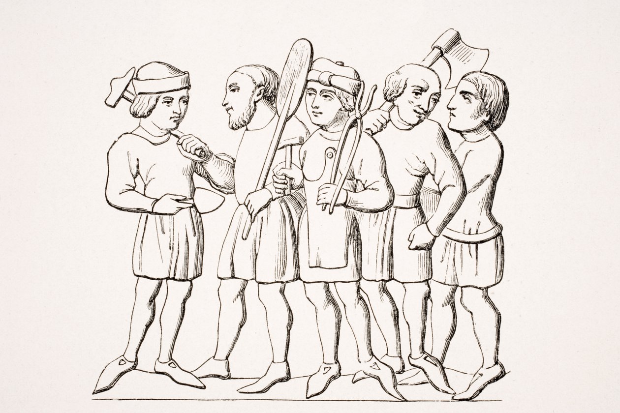 工匠，14世纪手稿中的缩影再现，来自Paul Lacroix（1806-84）的“Le Moyen Age et La Renaissance”1847年出版 作者 法语学校