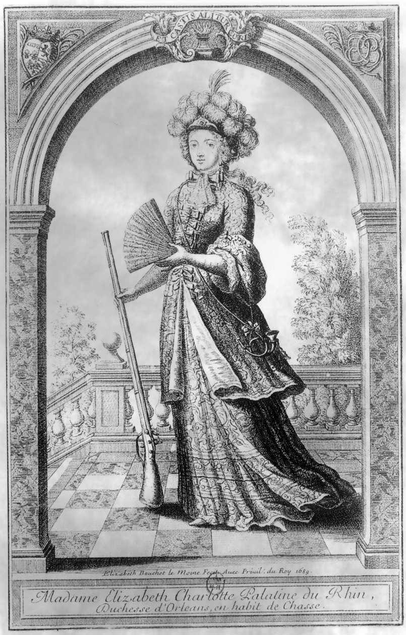 1689年，奥尔良公爵夫人普拉纳特的伊丽莎白夏洛特穿着狩猎服装 作者 法语学校