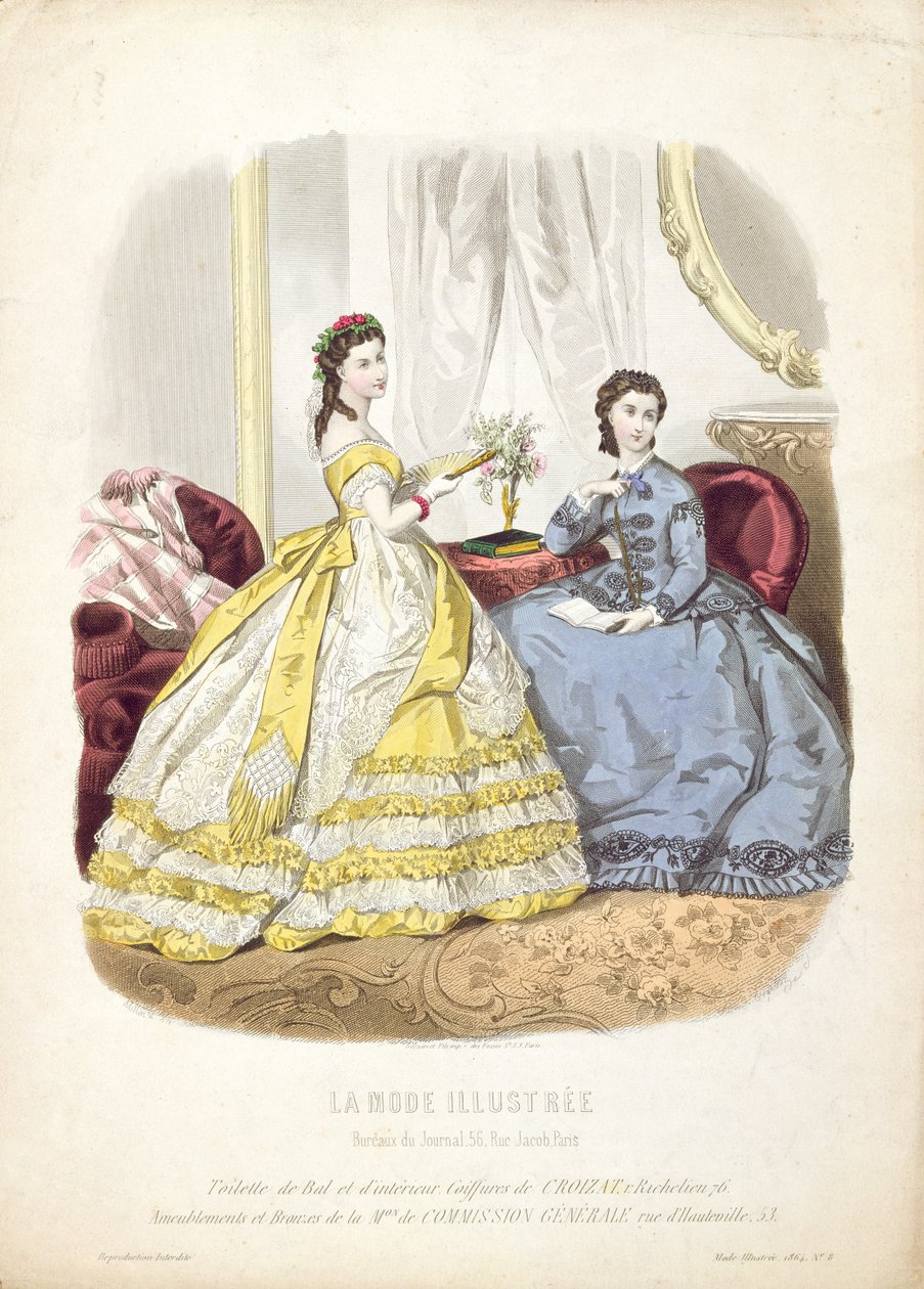 时尚板显示的女孩，插图来自&39;La Mode Illustree&39;，1864年 作者 法语学校