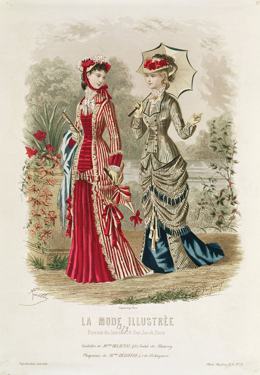 时尚板显示帽子和礼服，插图来自&39;La Mode Ilustree&39;，1879年 作者 法语学校