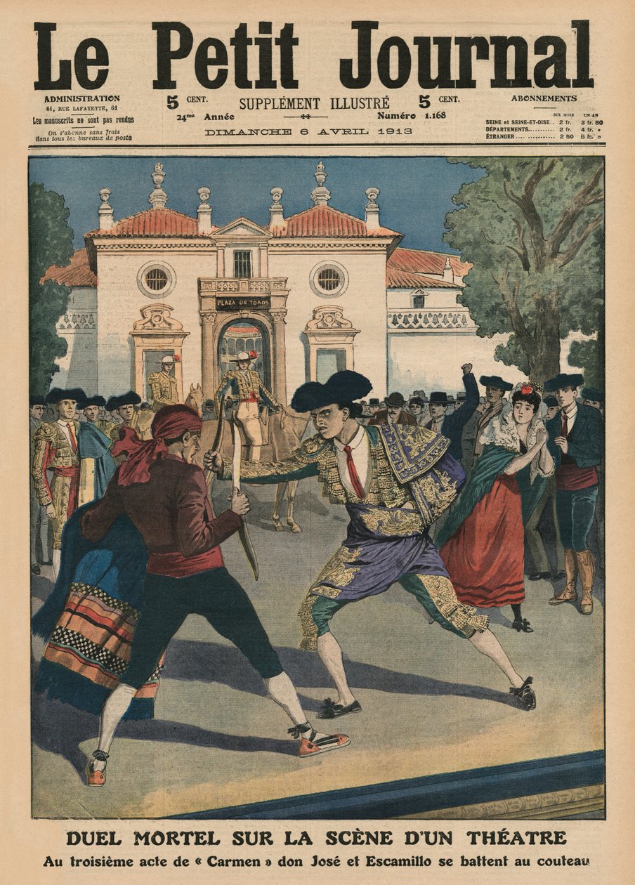 歌剧“卡门”第三幕中西班牙剧院舞台上的致命决斗，“Le Petit Journal”的封面插图，1913年4月6日 作者 法语学校