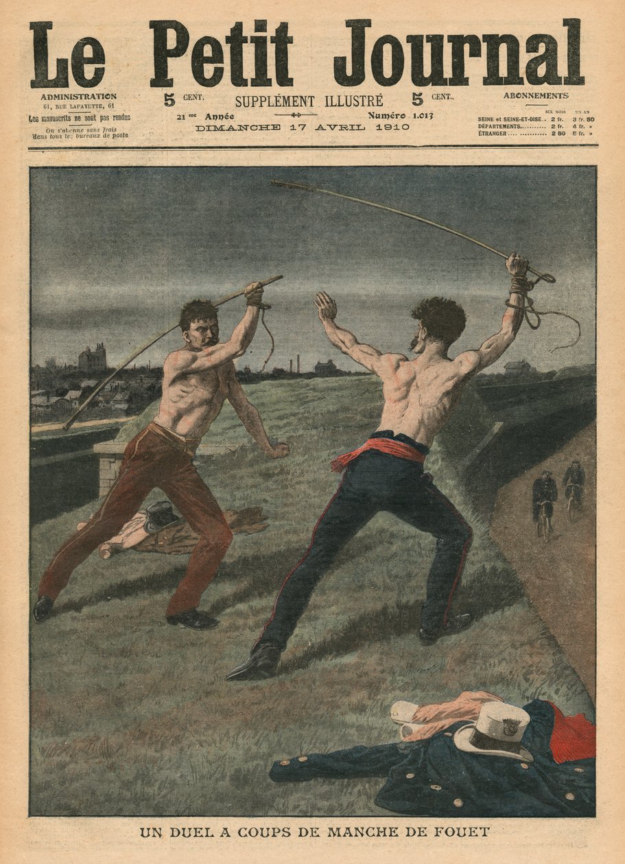与鞭子决斗，来自&39;Le Petit Journal&39;的插图，补充illustre，1910年4月17日 作者 法语学校