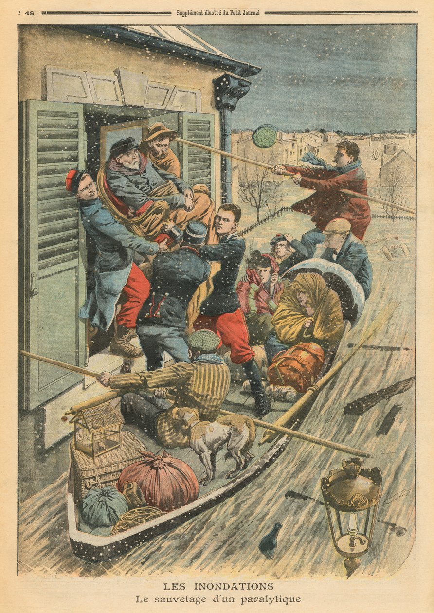 1910年2月6日，“Le Petit Journal”中的洪水，拯救瘫痪的插图，补充说明 作者 法语学校