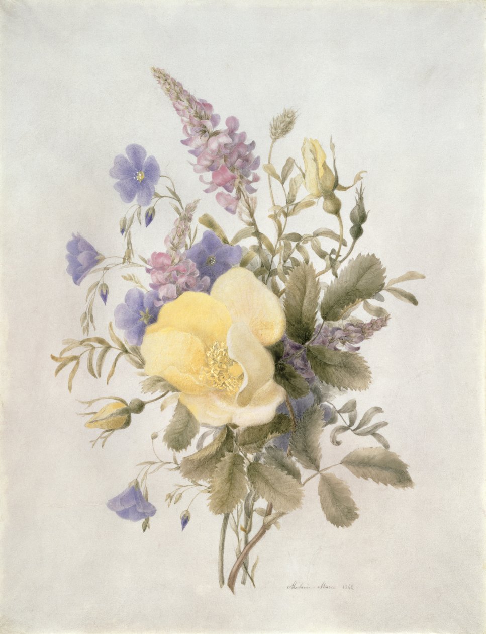 鲜花与黄玫瑰，1840年（纸上wc） 作者 法语学校