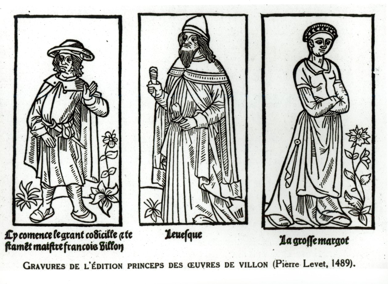 Francois Villon（1431-63）Auxigny的主教Thibaud和Grosse Margor，来自Francois Villon的&39;Oeuvres&39;，酒吧。 1489 作者 法语学校