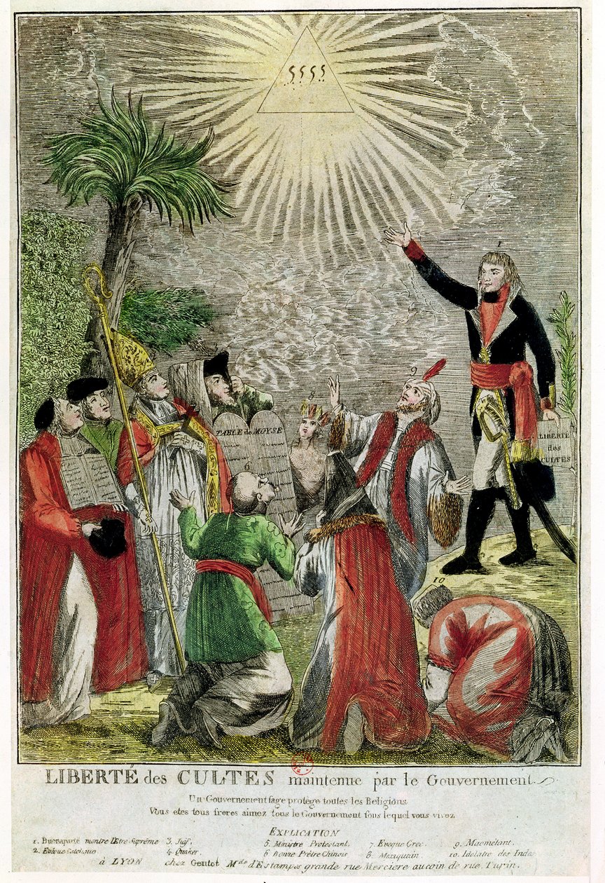 拿破仑执政期间的崇拜自由，描绘拿破仑指向至尊存在，1799年（彩色雕刻） 作者 法语学校