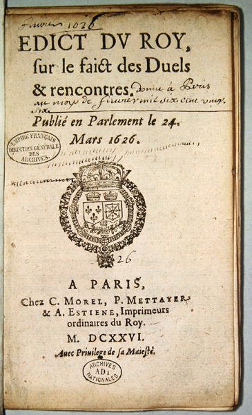 1626年3月，Edict du Roy在Faict决斗和会议上的主题（打印） 作者 法语学校
