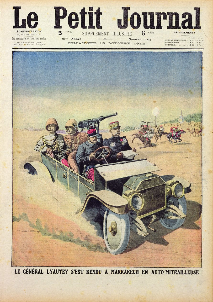 Lyautey将军（1854-1934）从1912年10月13日的“Le Petit Journal”驾驶一辆装甲车前往马拉喀什 作者 法语学校