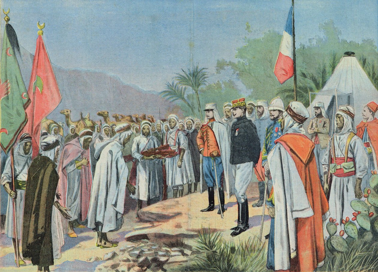 Lyautey将军（1854-1934）在1912年的“Le Petit Parisien”中接受了摩洛哥反叛部落的投降 作者 法语学校