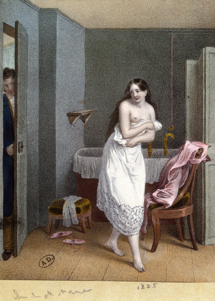 女孩在浴室和男人打开门，1825年 作者 法语学校