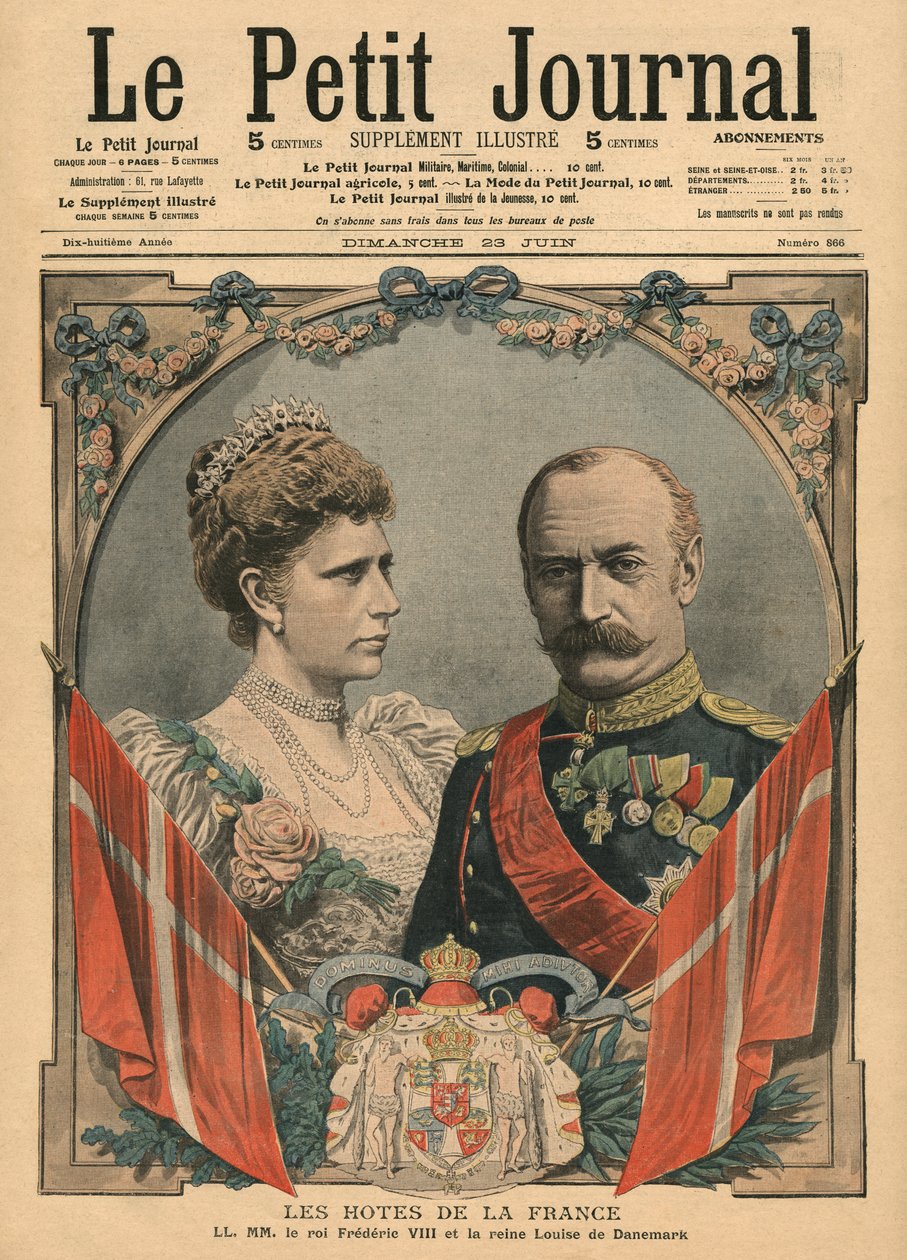 法国的客人，弗雷德里克国王八世（1843-1912）和丹麦女王路易斯（1851-1926），来自&39;Le Petit Journal&39;的插图，补充说明，1907年6月23日 作者 法语学校